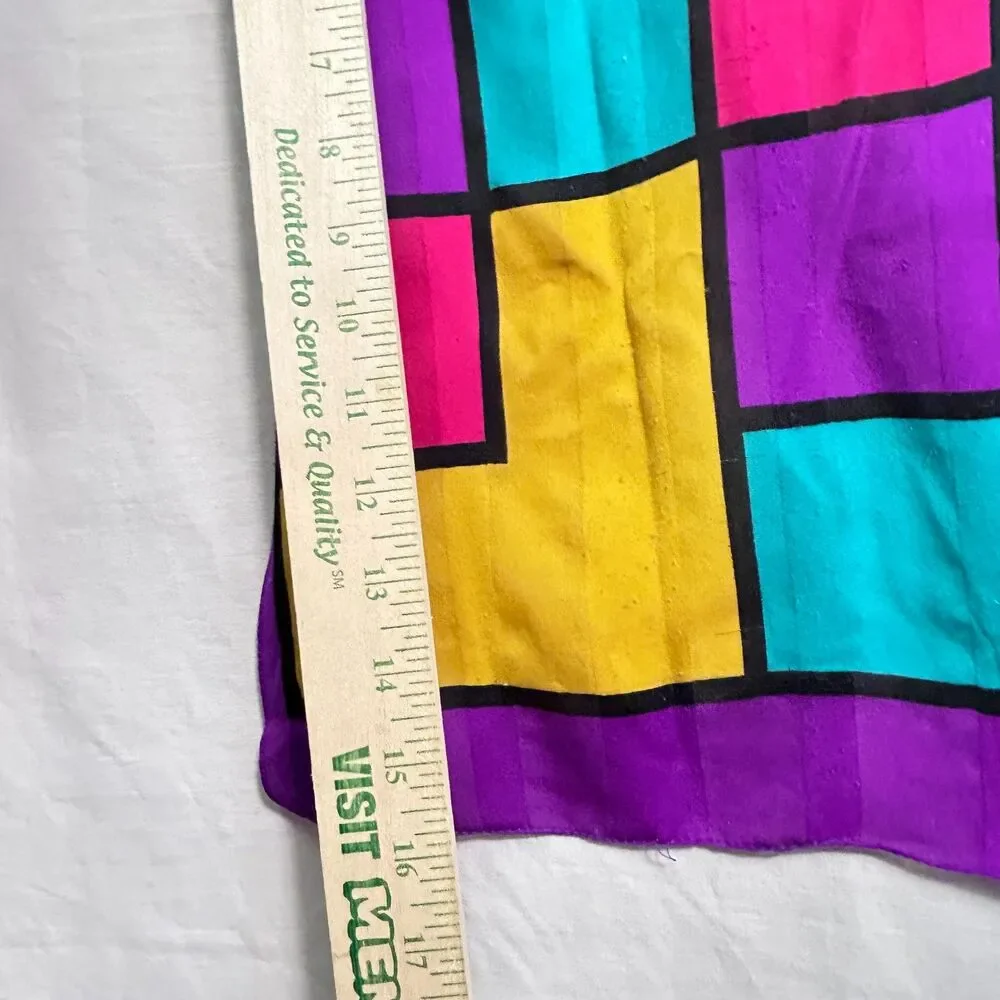 Vintage 80s Purple Multicolor Stained Glass Colorblock Rectangular Silk Scarf